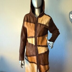 Airport Brown & Tan Vintage Patchwork Suede Hooded Women's Jacket‎ w/ 2 Way Zip